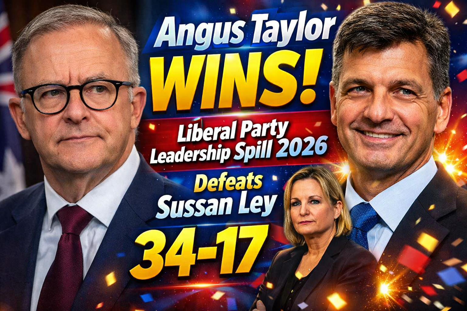 Angus Taylor Wins Liberal Party Leadership Spill 2026, Defeats Sussan Ley 34–17